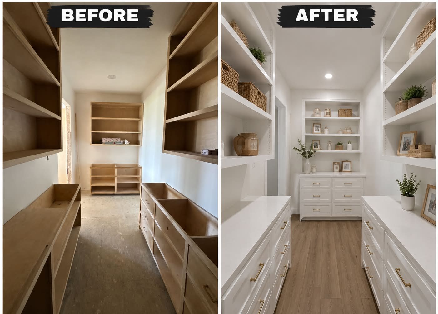 Walk-in pantry shown before, as raw unpainted cabinet boxes, and after, finished in white with countertops and brass pulls