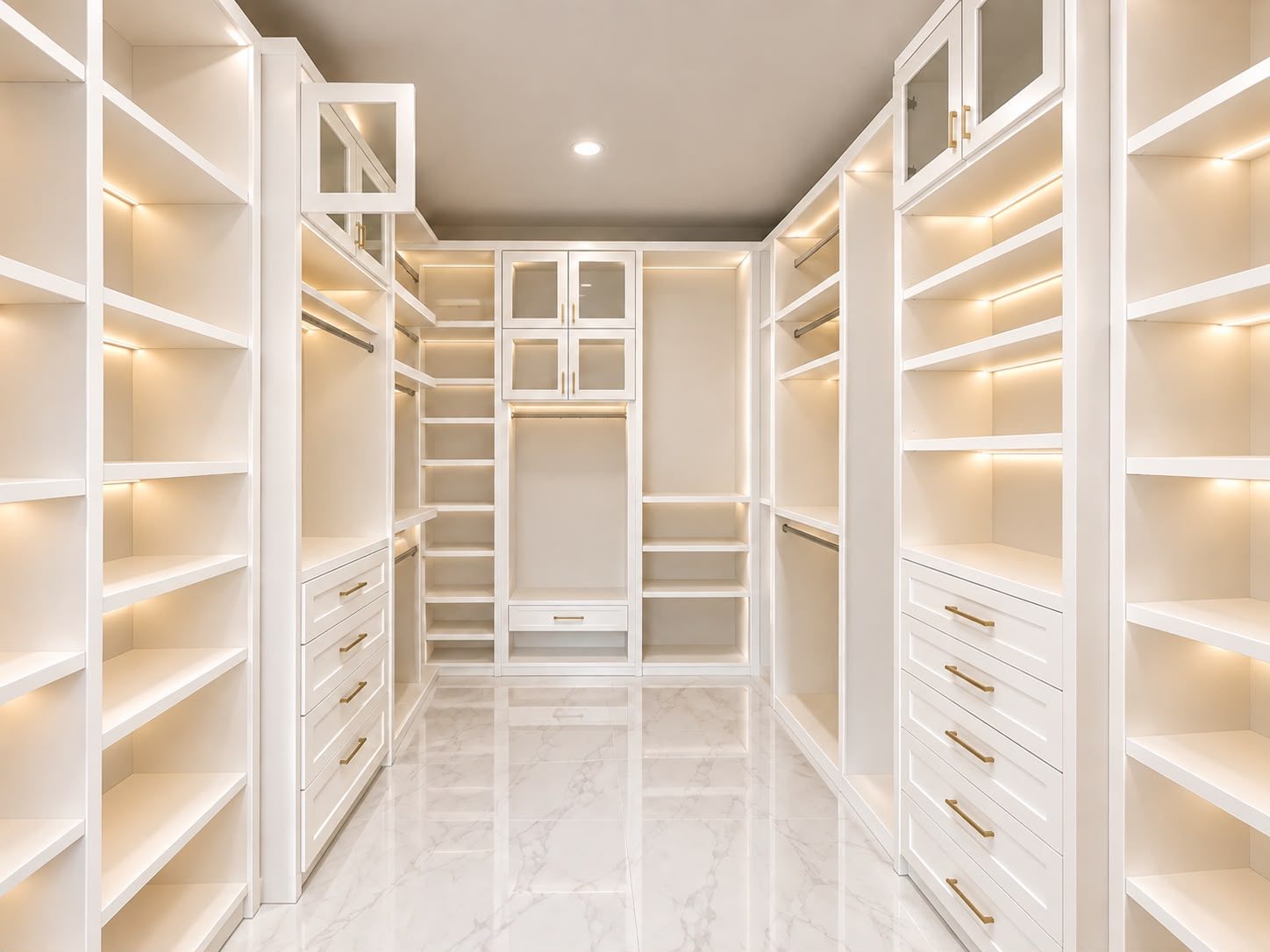 Design rendering of a white custom walk-in closet with added shelf lighting
